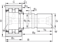 螺栓型滾輪 PWKR62-2RS, 軸向引導(dǎo)，滿裝圓柱滾子，兩側(cè)唇密封