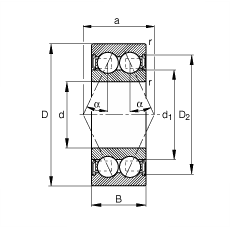 角接觸球軸承 3812-B-2RSR-TVH, 雙列，雙側(cè)唇密封，接觸角 α = 25°