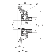 軸承座單元 PCJ45-FA125, 帶四個(gè)螺栓孔的法蘭的軸承座單元，鑄鐵，偏心鎖圈，P型密封，耐腐蝕保護(hù)