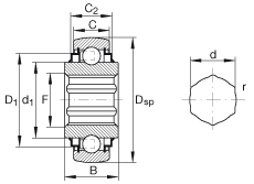 外球面球軸承 SK104-207-KRR-B-AH12, 球面外圈，內(nèi)圈帶六角形孔，兩側(cè) R 型密封